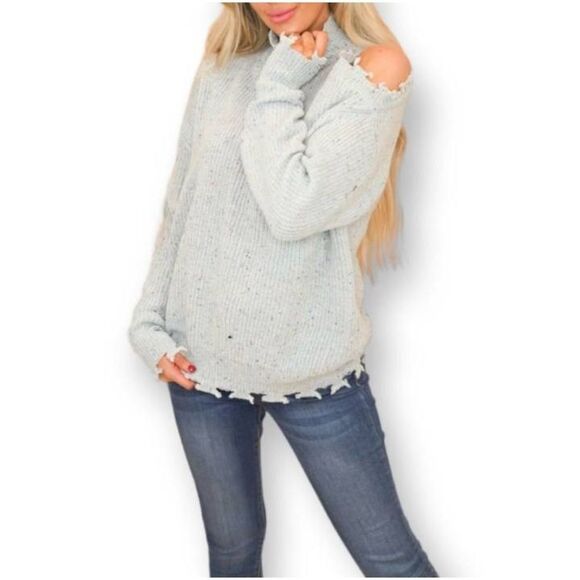ZENANA LT. BLUE GRAY CUTOUT TURTLENECK DISTRESSED SWEATER NWT MULTIPLE SIZES. GO - Picture 2 of 9